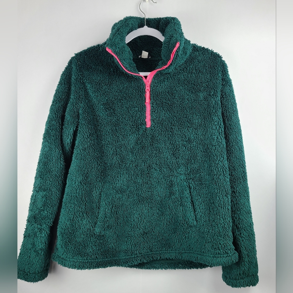J. Crew Factory forest green teddy 1/2 zip pull- over sweater, sz S (PTP 21 in)